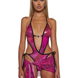 Playboy by Dolls Kill Asymmetrical Zebra Print Monokini And Sash Set - Pink