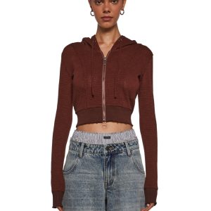 Distressed Cropped Thermal Zip-Up Hoodie Current Mood - Brown