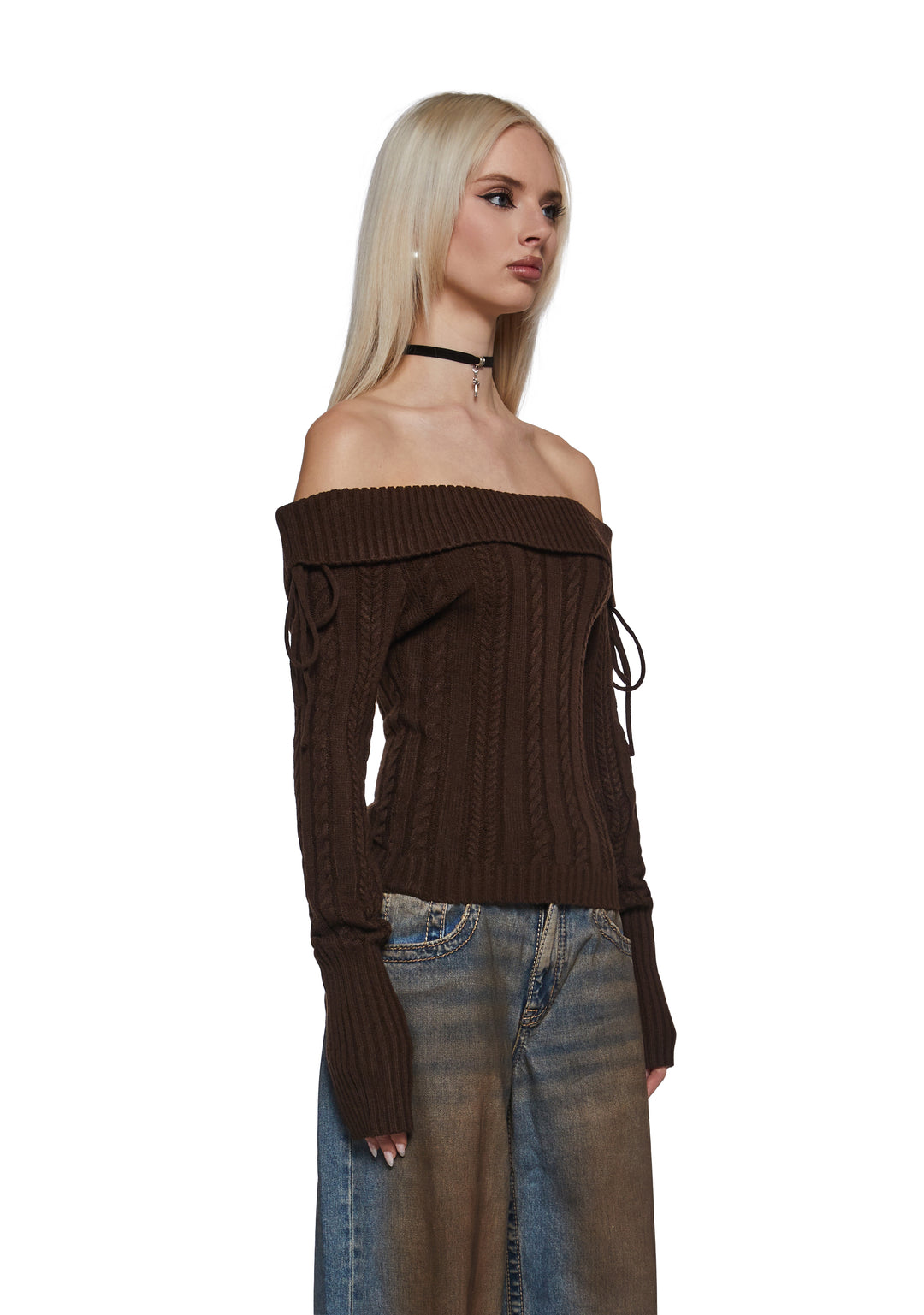 Delia's Academia Cable Knit Off-The-Shoulder Long Sleeve Top - Brown - Image 3
