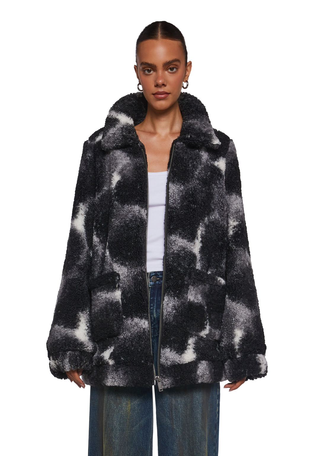 Tie Dye Print Faux Fur Sherpa Zip-Up Jacket Current Mood - Black - Image 6