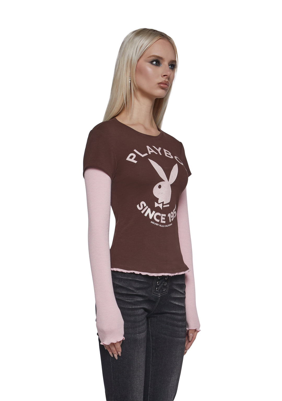 Womens Playboy Bunny Graphic 2Fer Tee - Brown - Image 3