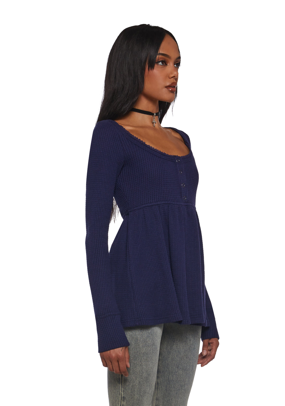Womens Waffle Knit Long Sleeve Top With Buttons Current Mood - Blue - Image 3