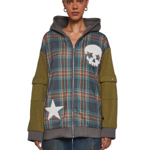 Womens Sexy Plaid Hoodie With Skull And Star Graphics 90s Y2K Current Mood - Multi