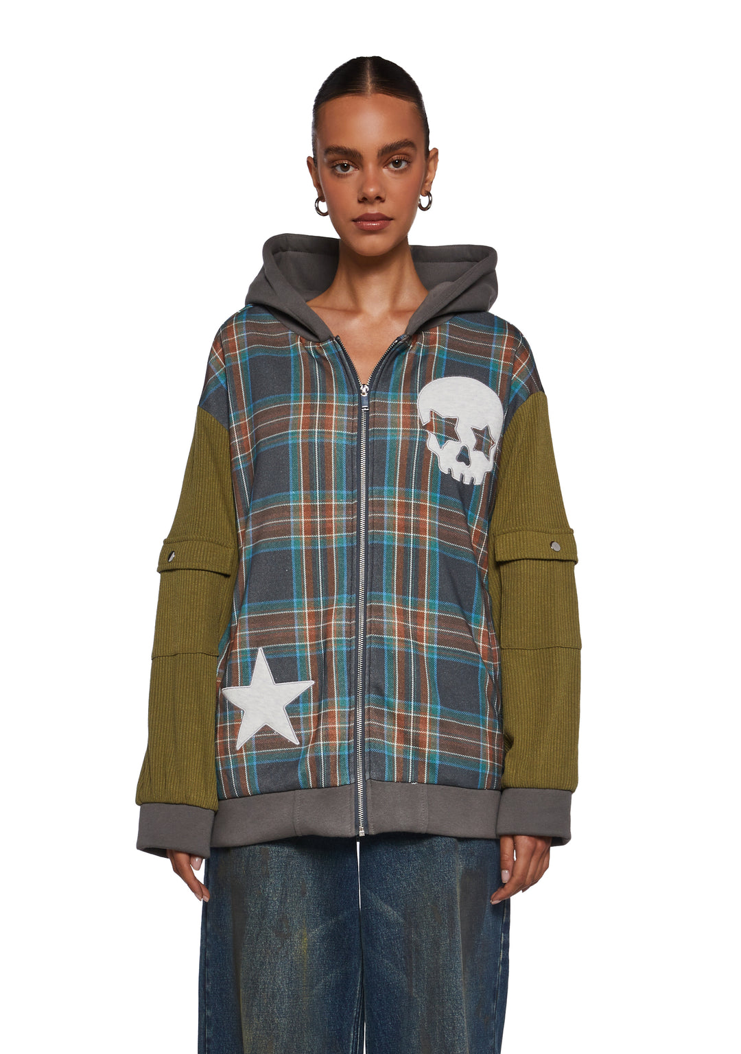 Womens Sexy Plaid Hoodie With Skull And Star Graphics 90s Y2K Current Mood - Multi