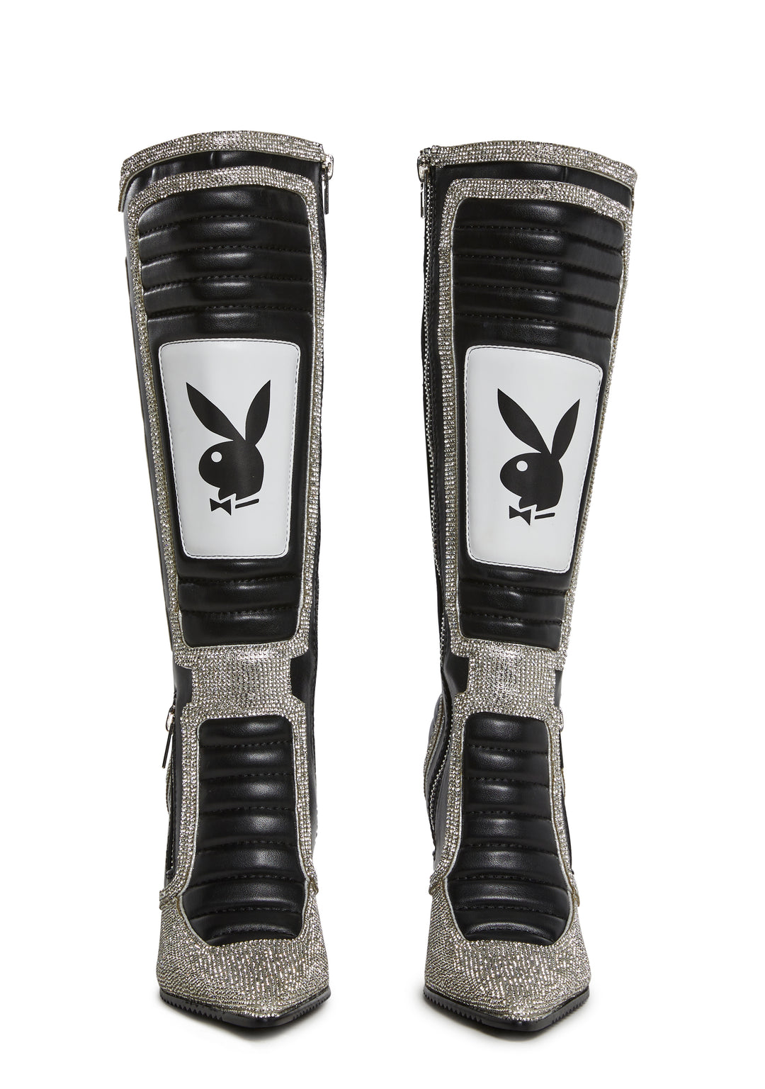 Dolls Kill x Playboy Playmate Vegan Leather Padded Moto Stiletto Boots - Black/White - Image 2