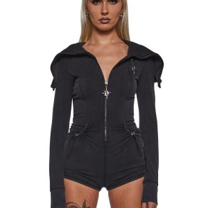 Darker Wavs Cotton Jersey Knit Romper With Ruching And Zippers - Black