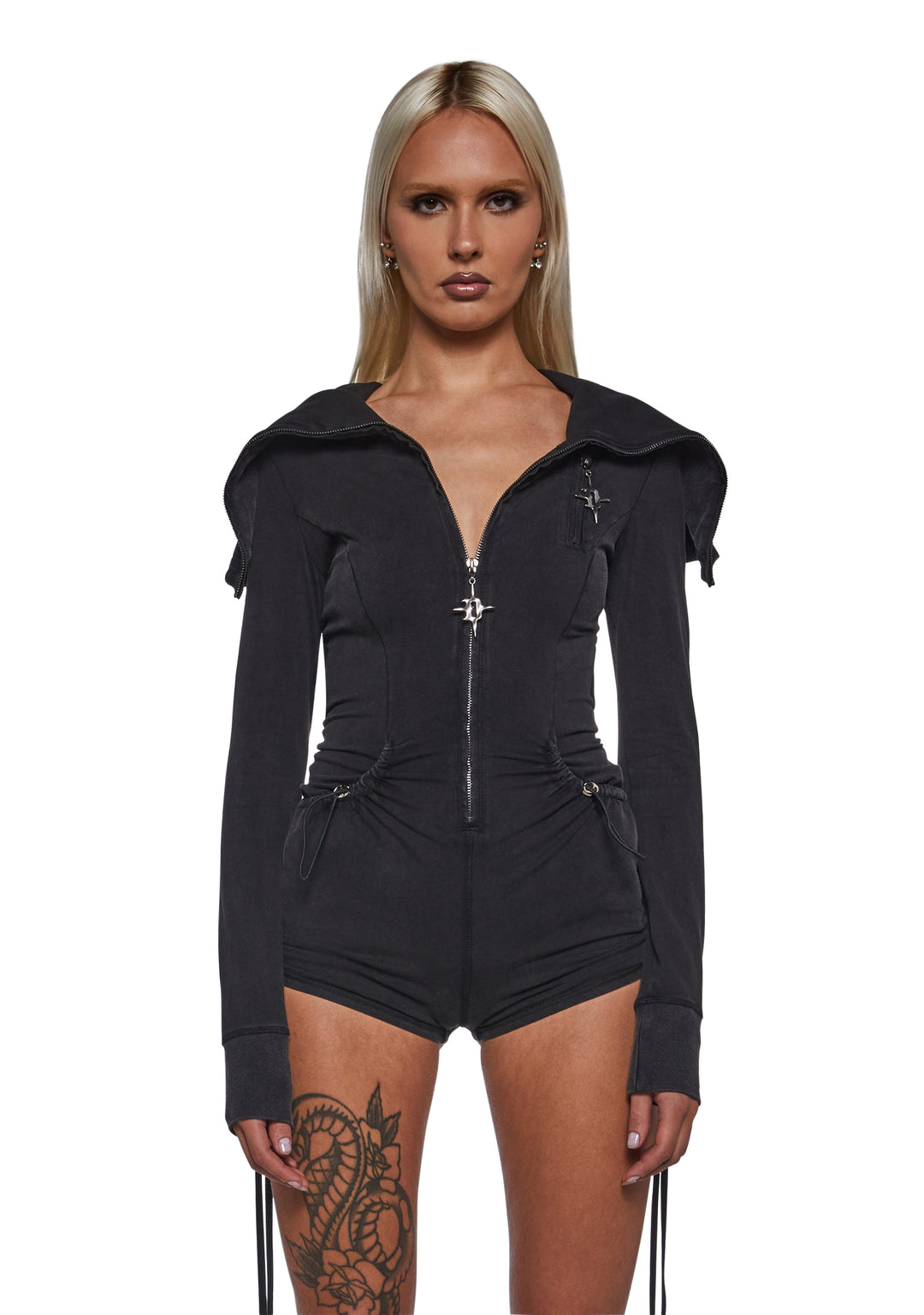 Darker Wavs Cotton Jersey Knit Romper With Ruching And Zippers - Black