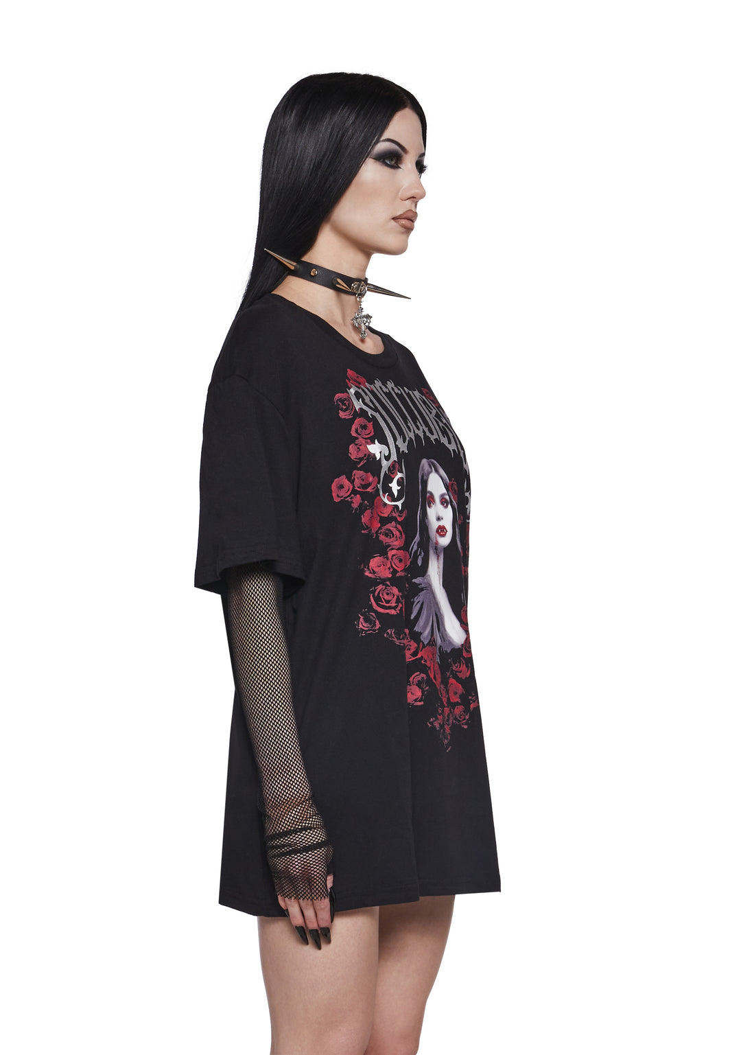 Widow Vampire Goth Succubus Roses Graphic Print Stretchy Knit Fishnet Long Sleeve Top - Black - Image 2