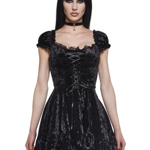 Crushed Velvet Lace Short Puff Sleeves Lace-Up Mini Dress Current Mood - Black