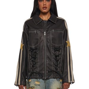 Womens Moto Jacket With Lace -Ups And Star Applique Current Mood - Black