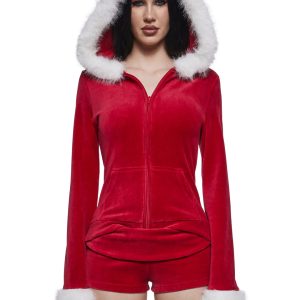 Womens Zip Up Hoodie And Micro Shorts Set - Red