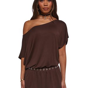 Womens Off The Shoulder Dress - Brown