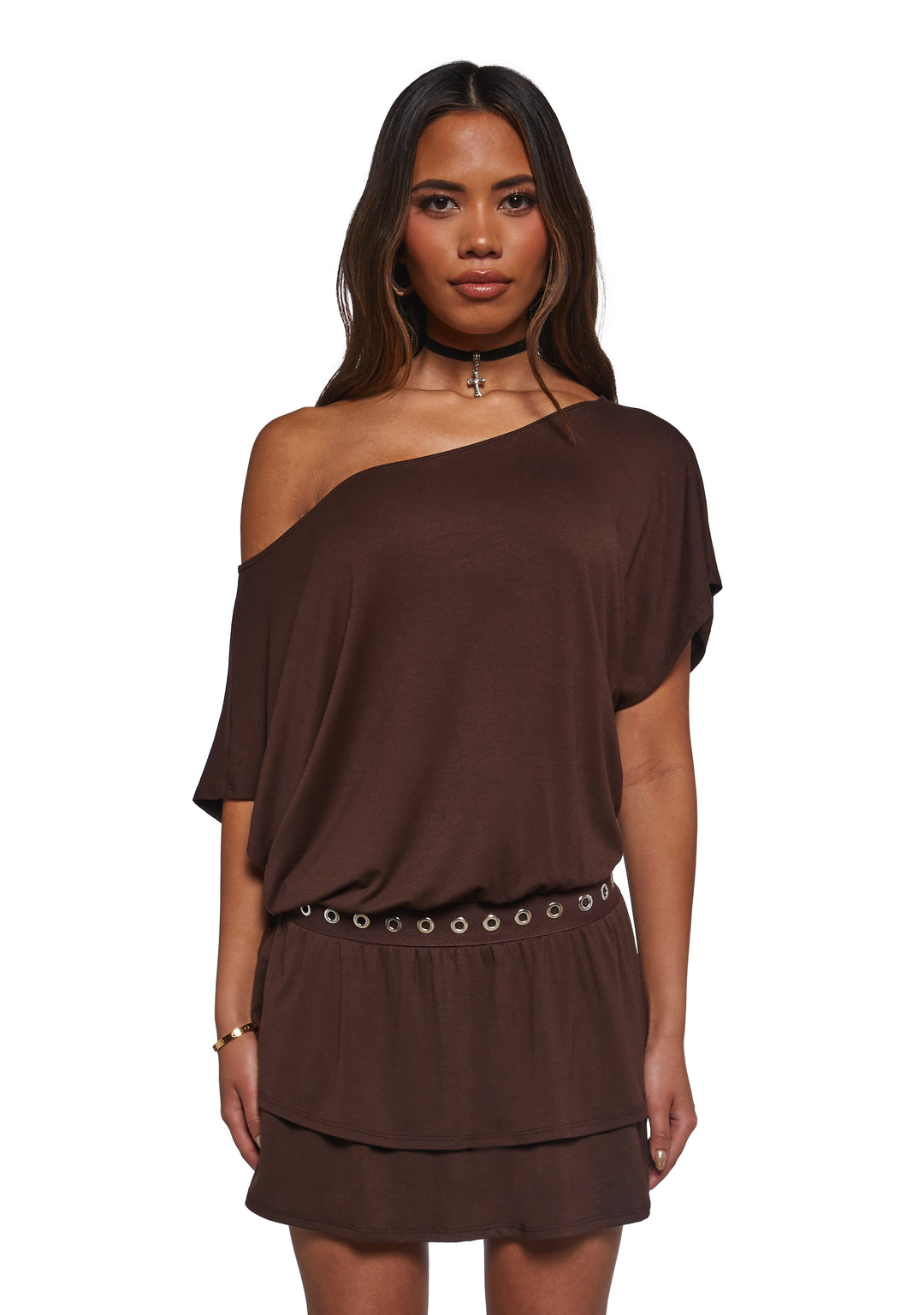 Womens Off The Shoulder Dress - Brown