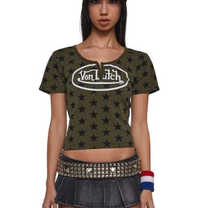 Von Dutch Short Sleeve Star Print Crop Top - Green