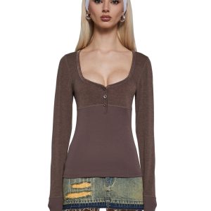 Long Sleeve Ribbed Henley Top - Gray