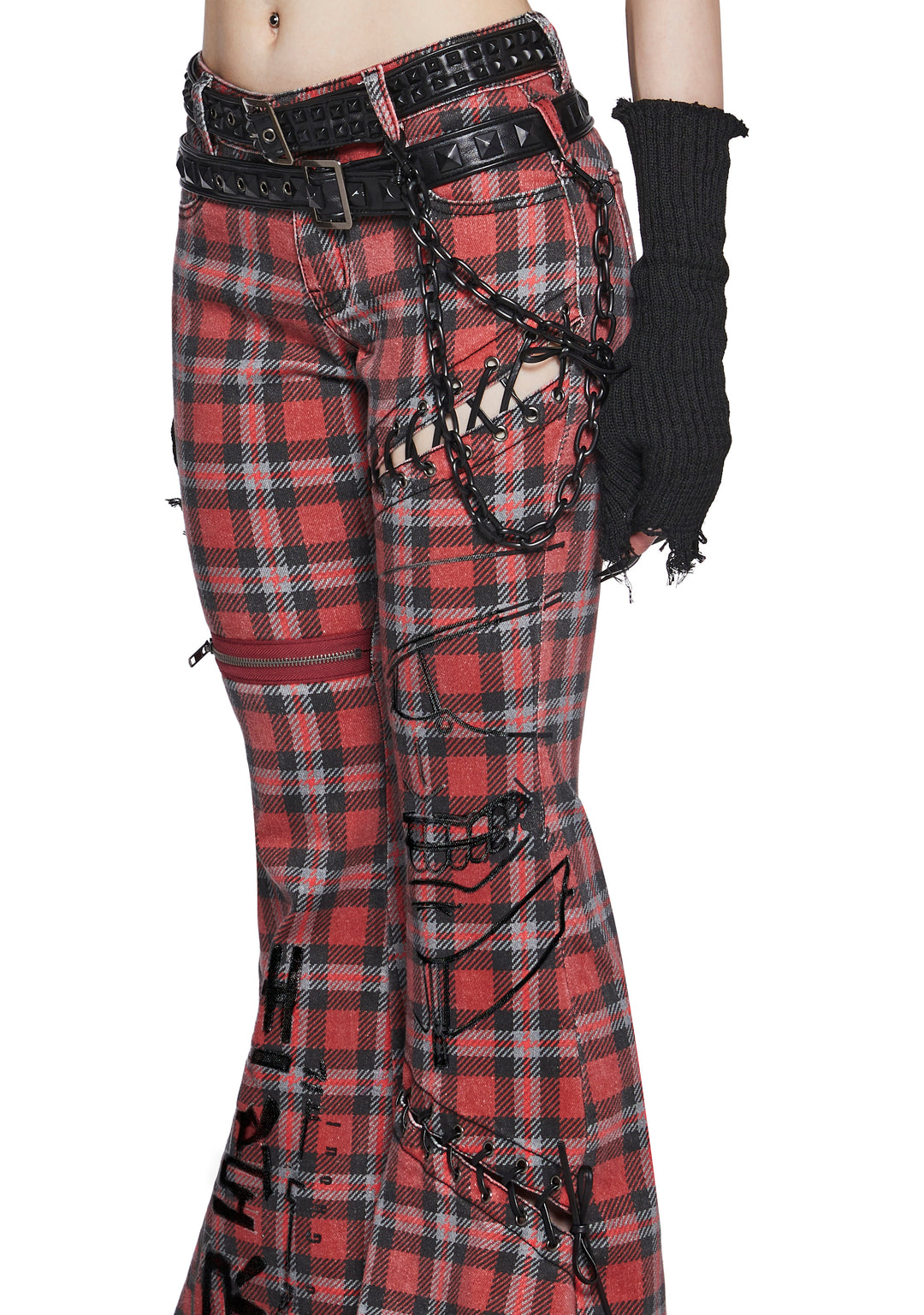 Dolls Kill x Tokyo Ghoul Plaid Flared Pants With Lace Up And Zippers - Red - Image 6