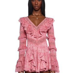 Womens Ruffled Lace Romper Sugar Thrillz - Pink