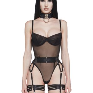 Womens Sexy Bodysuit With Strappy Garter Belt Widow - Black