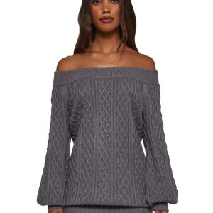 Womens Cable Knit Off The Shoulder Mini Bubble Dress Current Mood - Gray