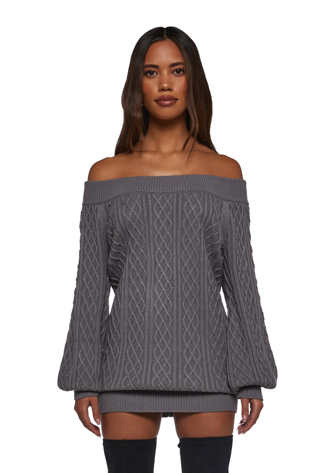 Womens Cable Knit Off The Shoulder Mini Bubble Dress Current Mood - Gray