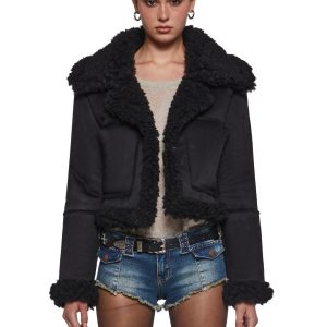 Faux Suede Sherpa Lined Cropped Coat Widow - Black