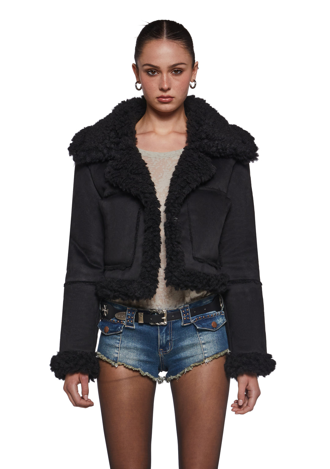 Faux Suede Sherpa Lined Cropped Coat Widow - Black