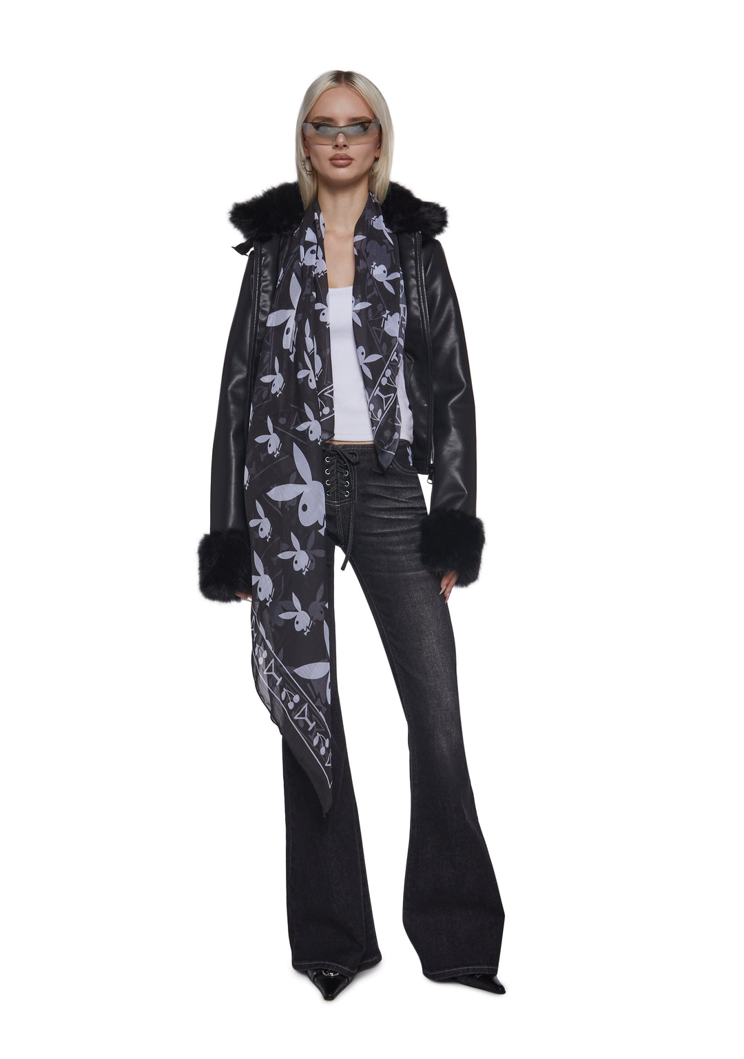 Playboy by Dolls Kill Bunny Graphic Printed Scarf - Black - Image 2