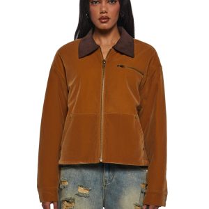 Womens Washed Faux Crop Workwear Jacket Current Mood - Brown