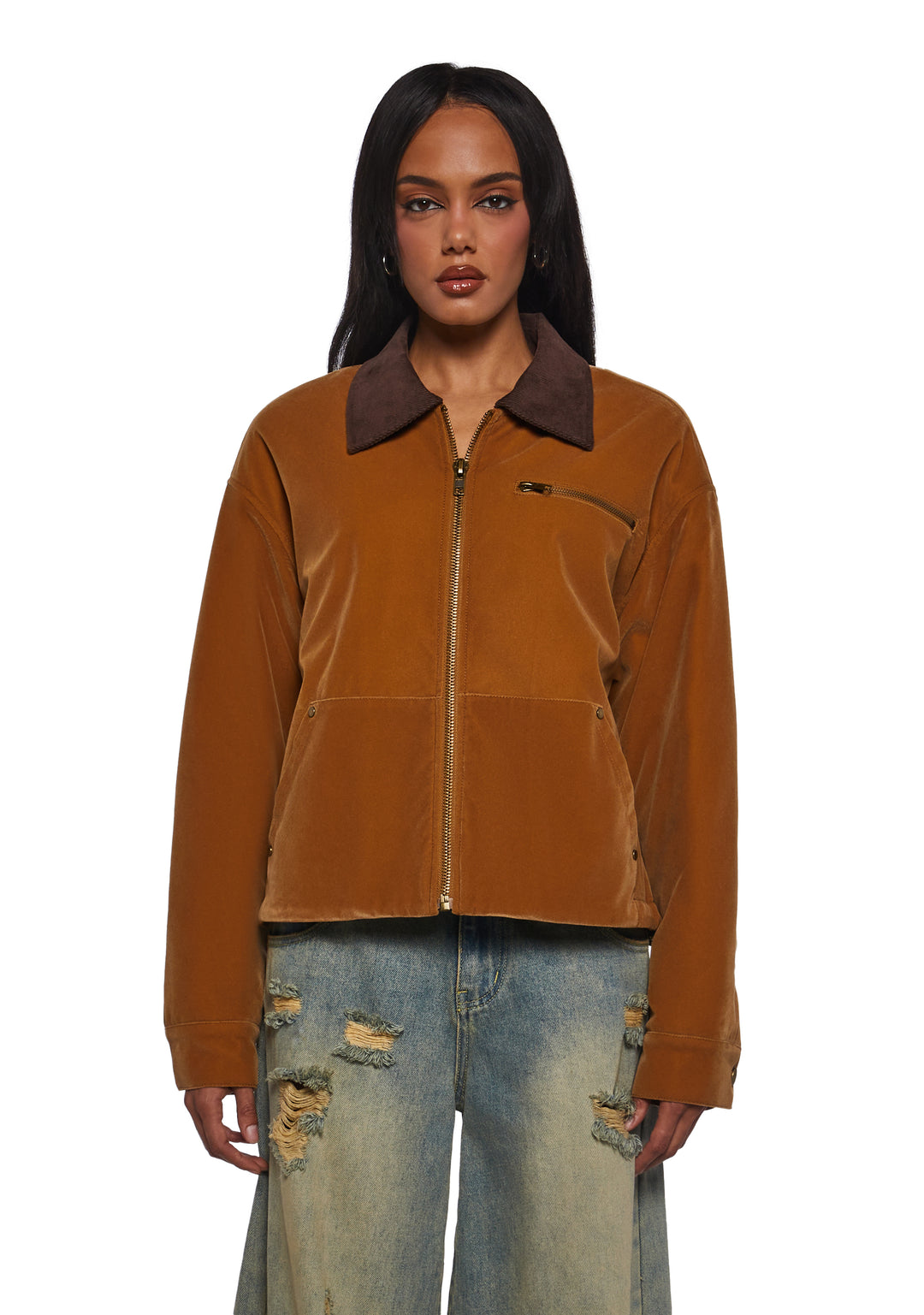 Womens Washed Faux Crop Workwear Jacket Current Mood - Brown