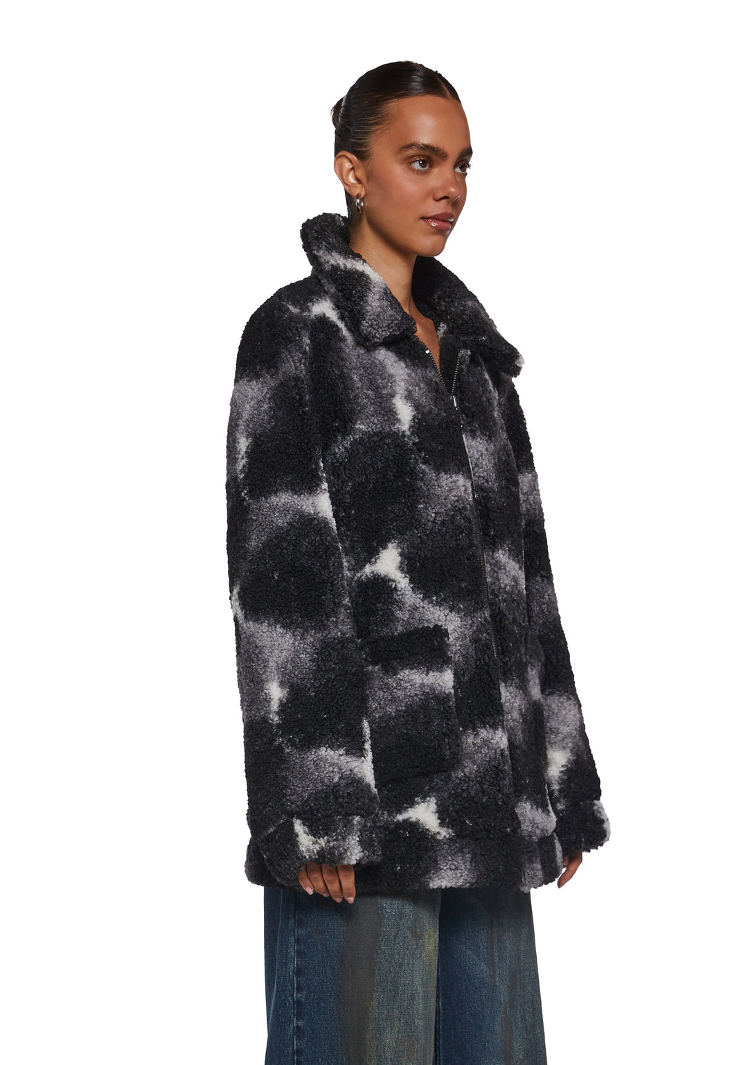 Tie Dye Print Faux Fur Sherpa Zip-Up Jacket Current Mood - Black - Image 3