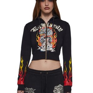 Ed Hardy Tiger Flame Crop Zip Hoodie - Black