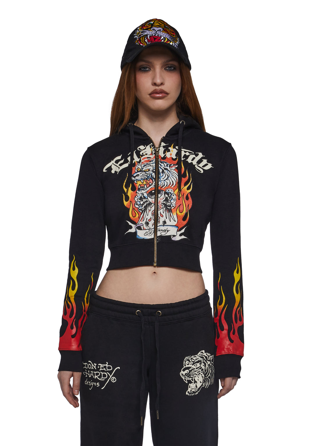 Ed Hardy Tiger Flame Crop Zip Hoodie - Black