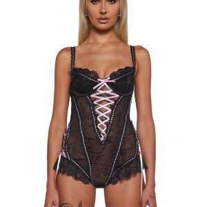 Butterfly Print Lace Ribbon Lace Up Bodysuit - Black