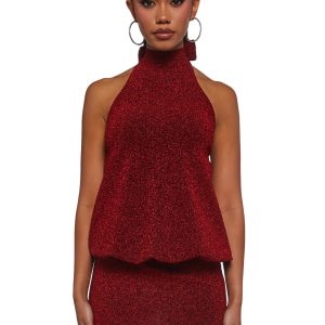 Womens High Neck Glitter Mini Dress - Red