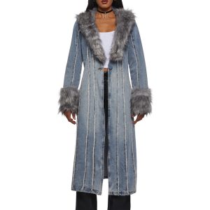 Current Mood Fall Denim Maxi Coat With Faux Fur Trim - Light Blue