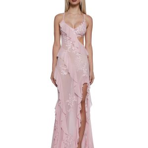 Womens Mesh Lace Maxi Dress - Pink