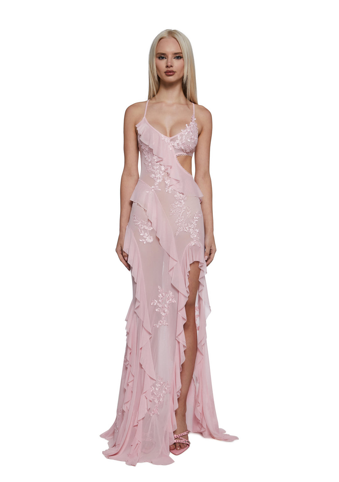 Womens Mesh Lace Maxi Dress - Pink