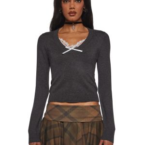 Womens Long Sleeve Knit Top With Bows Current Mood - Gray