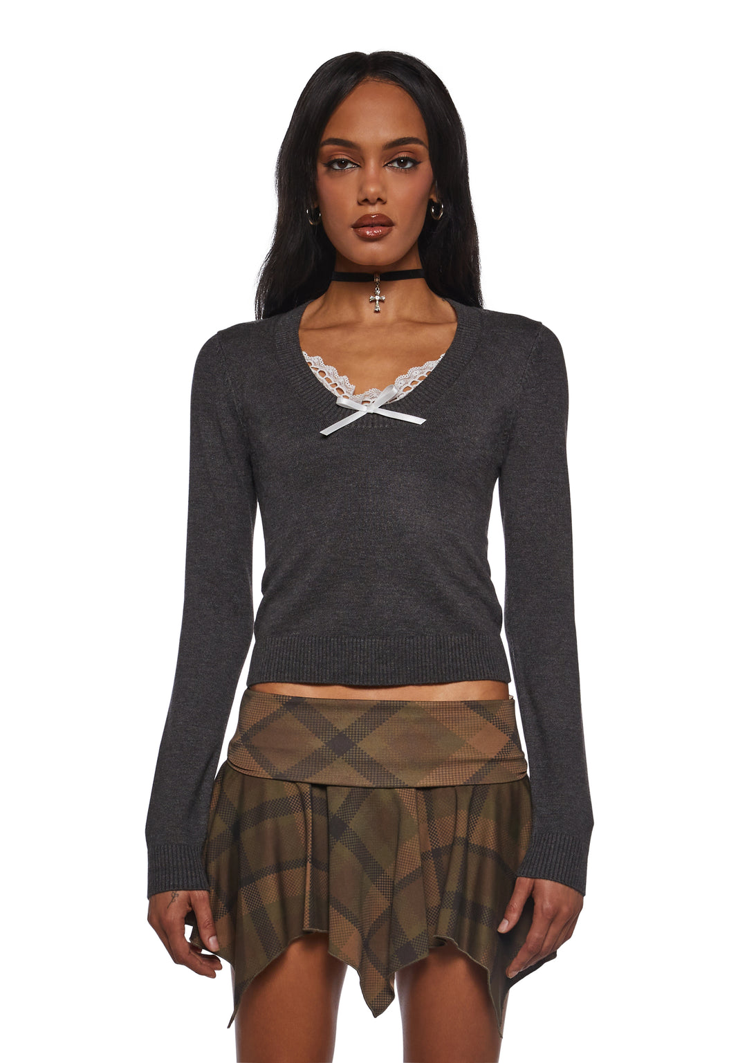 Womens Long Sleeve Knit Top With Bows Current Mood - Gray