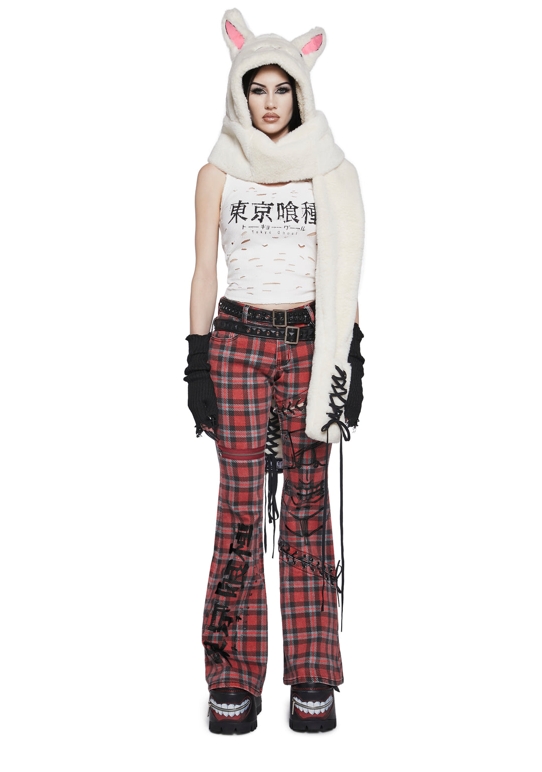 Dolls Kill x Tokyo Ghoul Plaid Flared Pants With Lace Up And Zippers - Red - Image 2