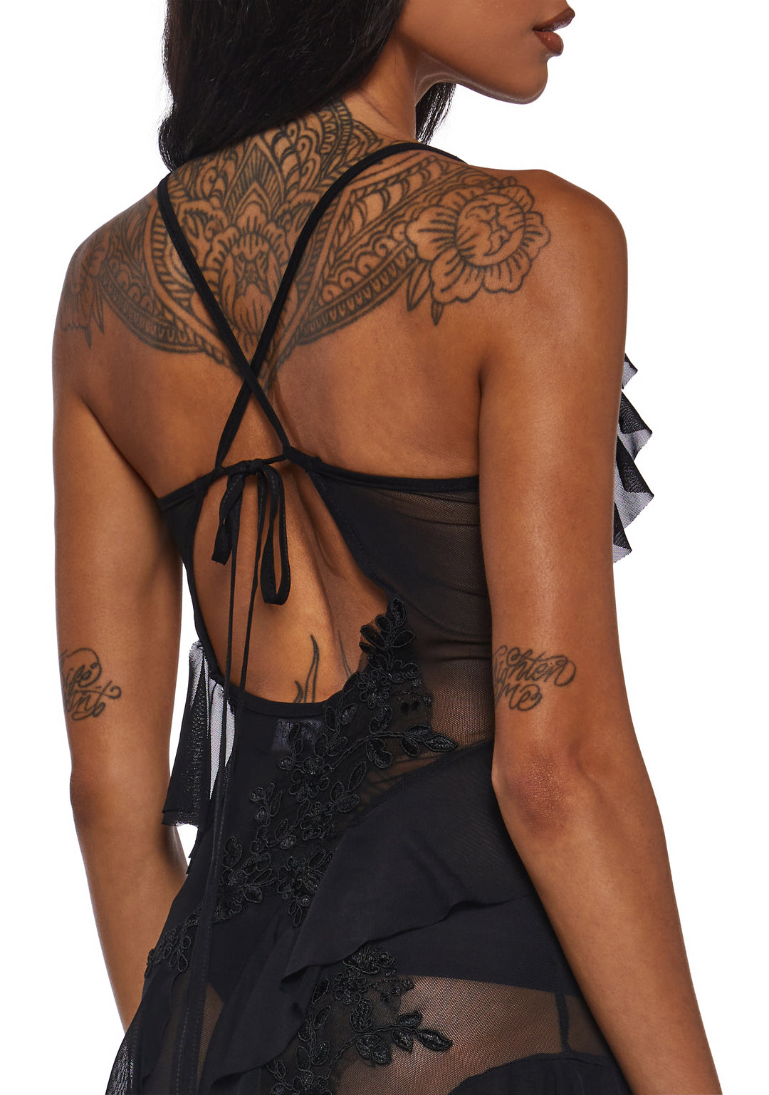 Womens Mesh Ruffled Asymmetrical Maxi Dress With Lace Appliques Current Mood - Black - Image 2