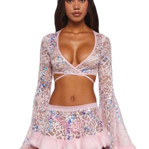 J Valentine Sequin Faux Fur Trimmed Wrap Top - Pink