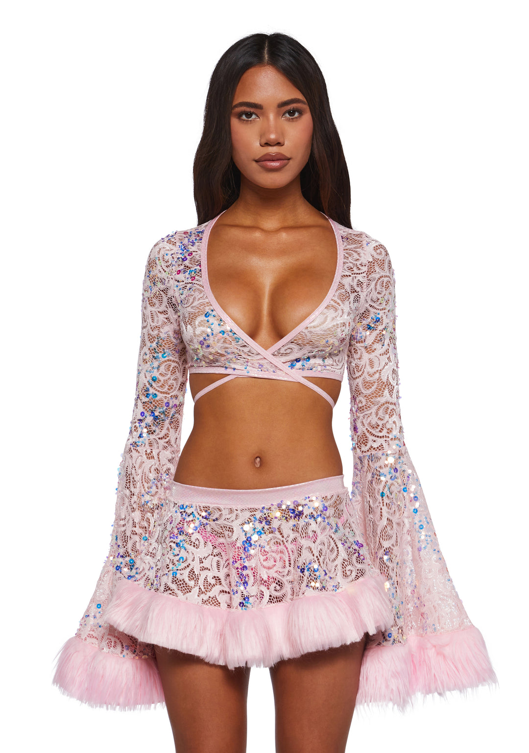 J Valentine Sequin Faux Fur Trimmed Wrap Top - Pink