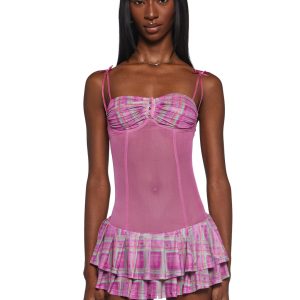 Womens Plaid Mini Mesh Dress - Pink