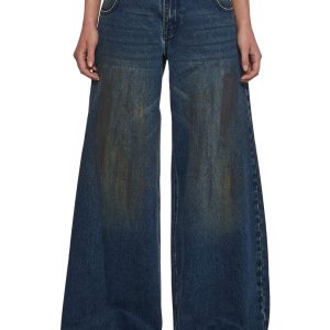 Womens Dirty Washed Denim Wide Leg Jeans Current Mood - Blue