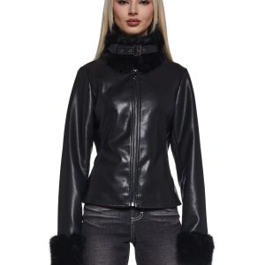 Womens Vegan Leather Moto Jacket With Faux Fur Trim Generation Kiss - Black