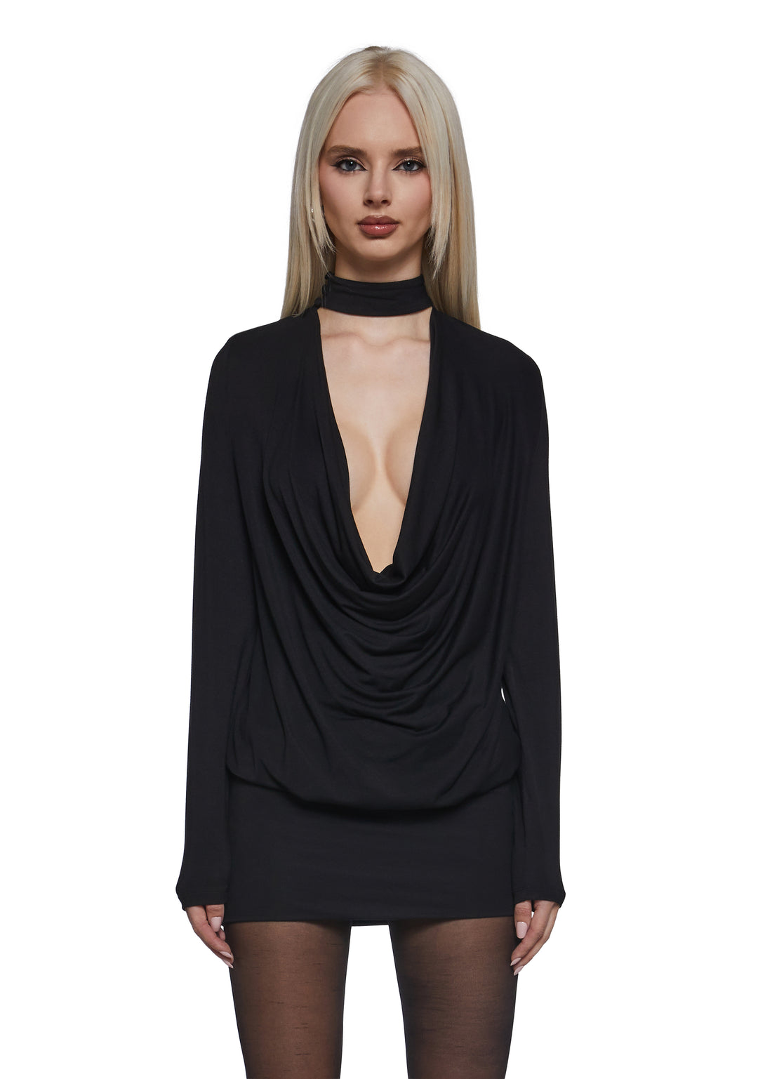 Womens Cowl Mini Dress - Black