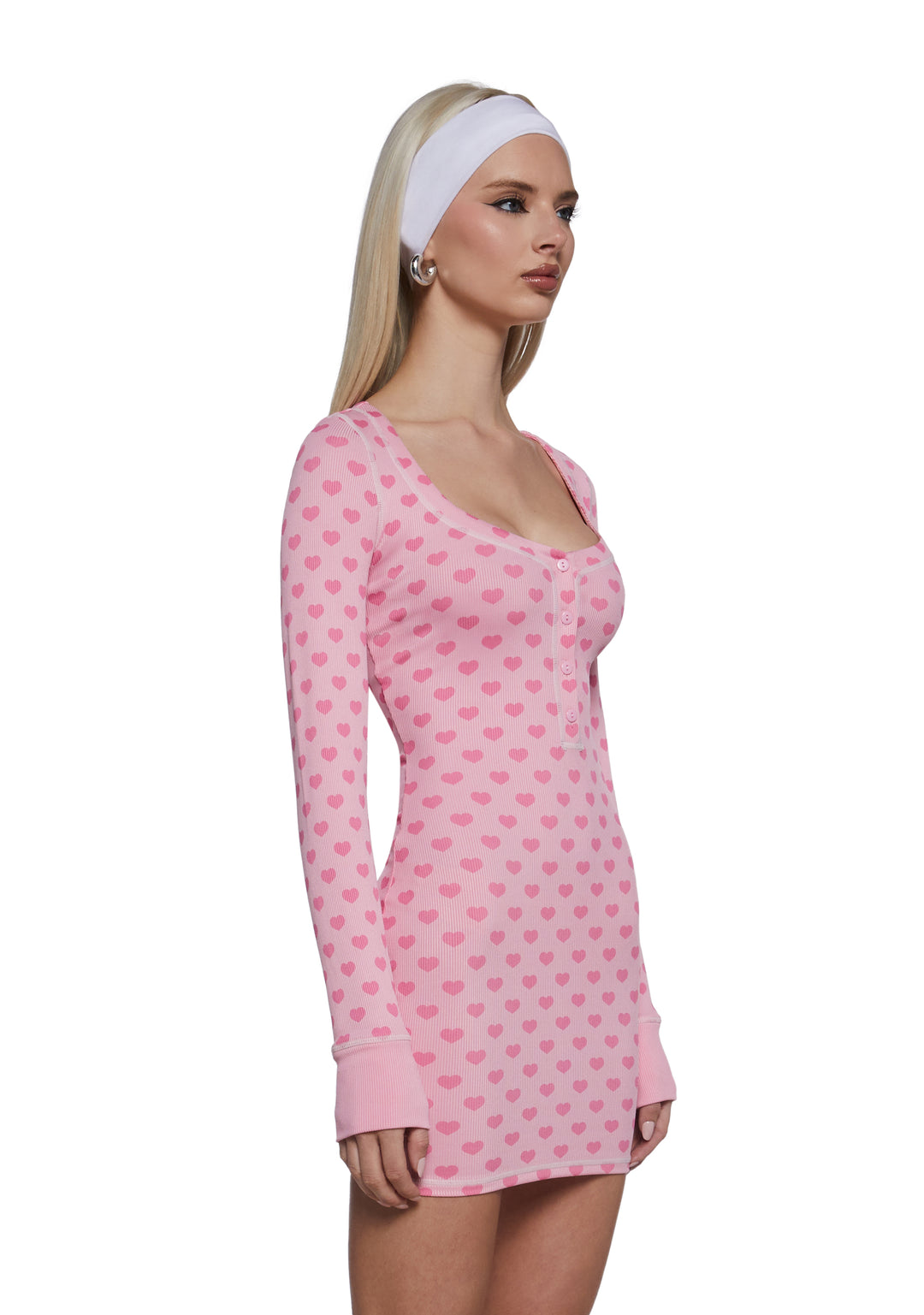 Womens Heart Print V-Neck Henley Dress Sugar Thrillz - Pink - Image 3
