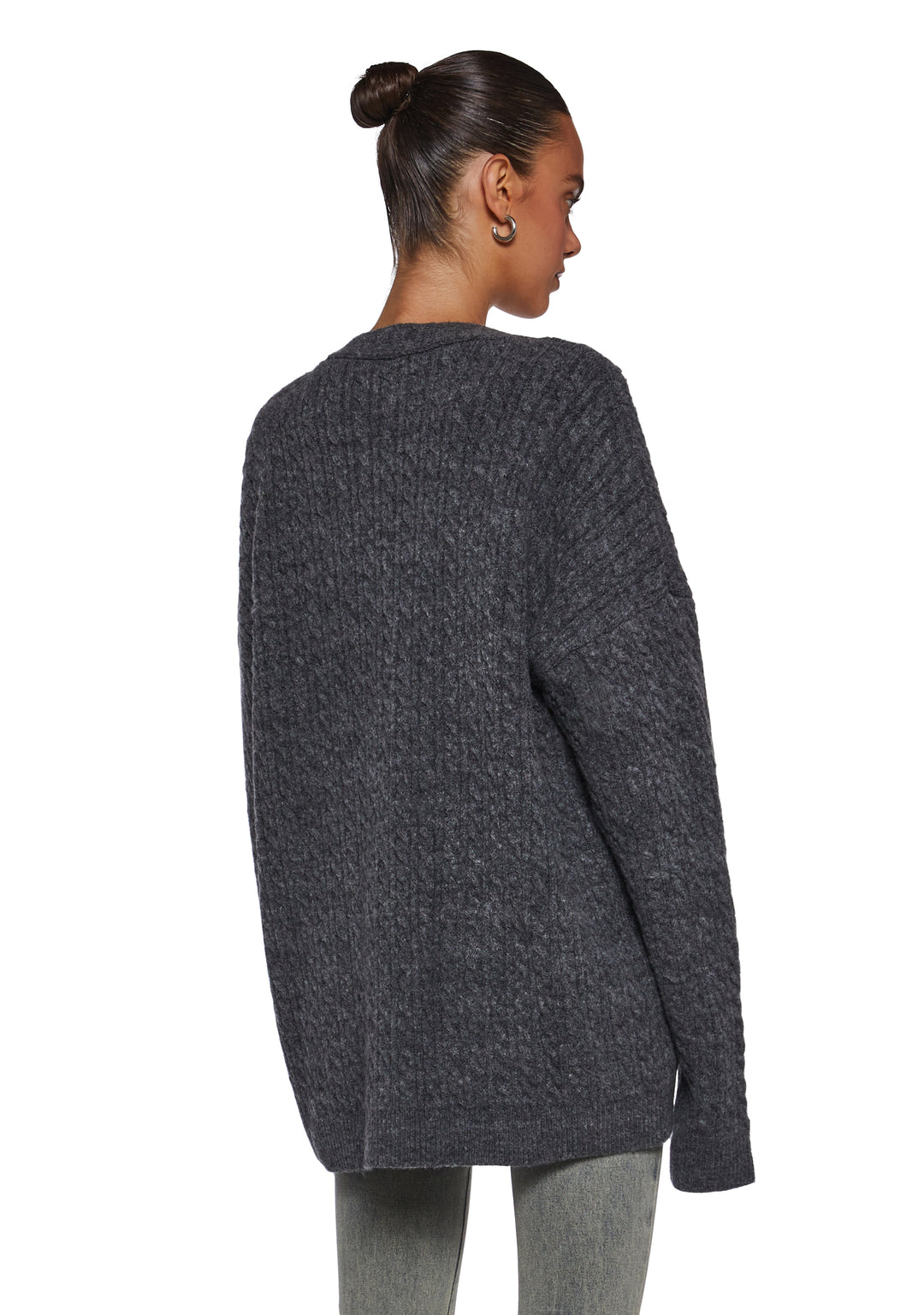 Womens Distressed Cable Knit Cardigan Current Mood - Gray - Image 4