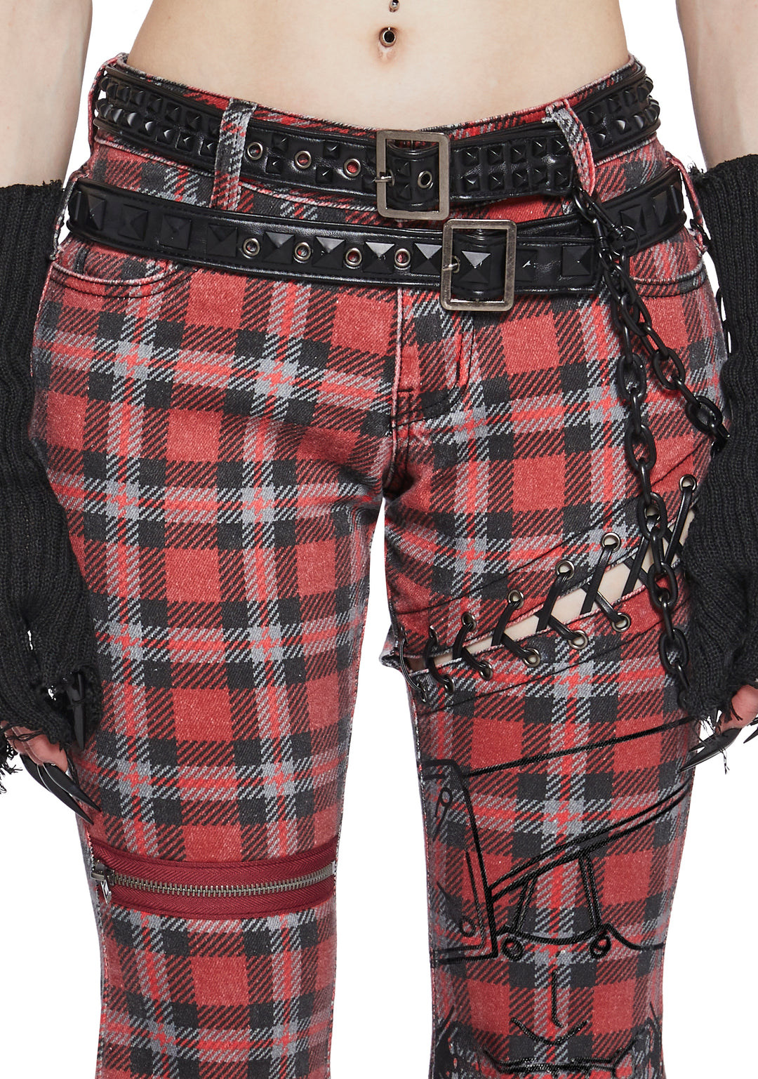 Dolls Kill x Tokyo Ghoul Plaid Flared Pants With Lace Up And Zippers - Red - Image 5